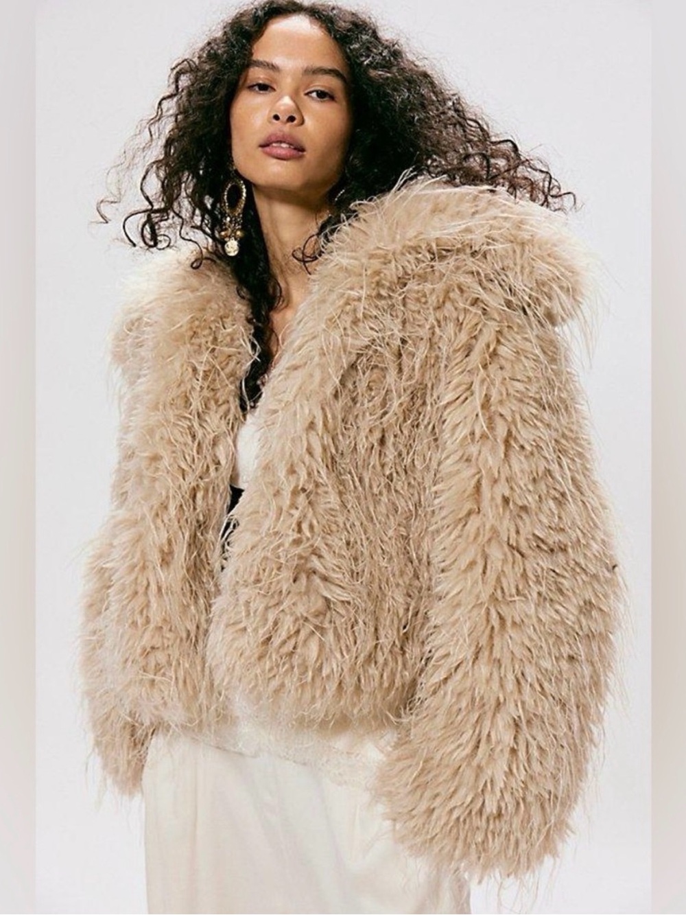 Free People Shaggy Faux-Fur Teddy Jacket in Beige